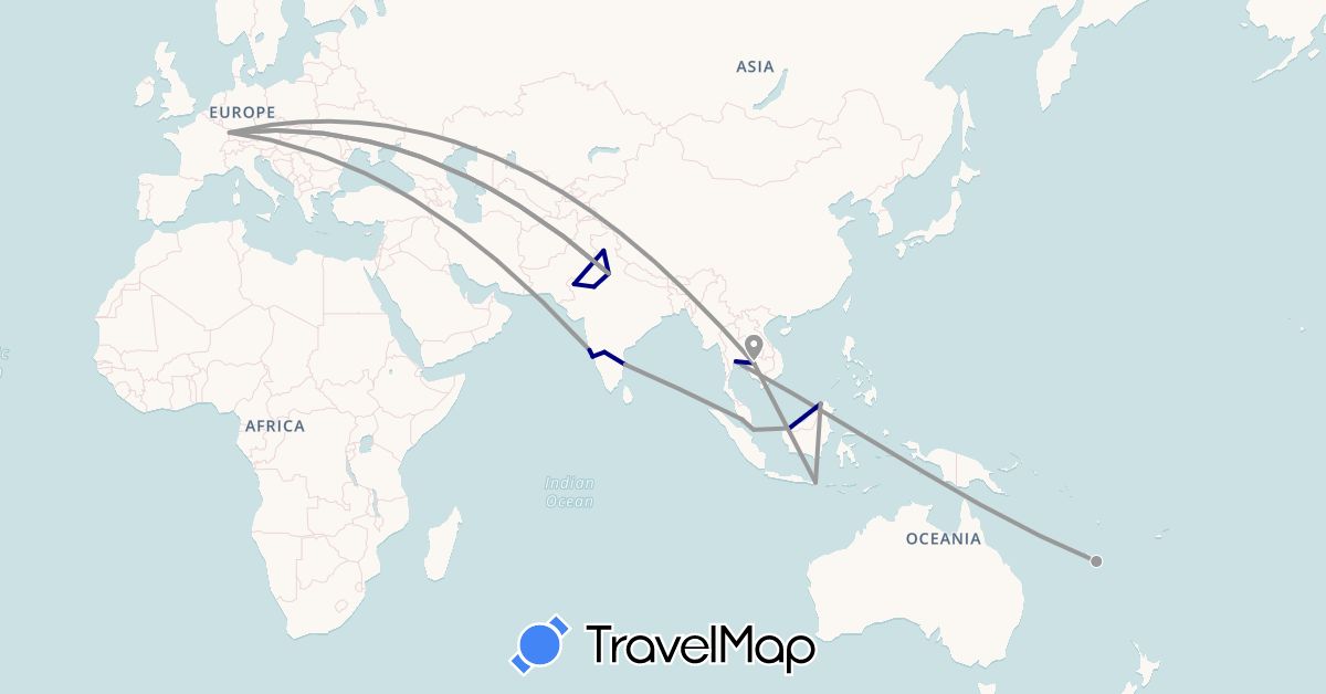 TravelMap itinerary: driving, plane in France, Indonesia, India, Cambodia, Malaysia, New Caledonia, Singapore, Thailand (Asia, Europe, Oceania)